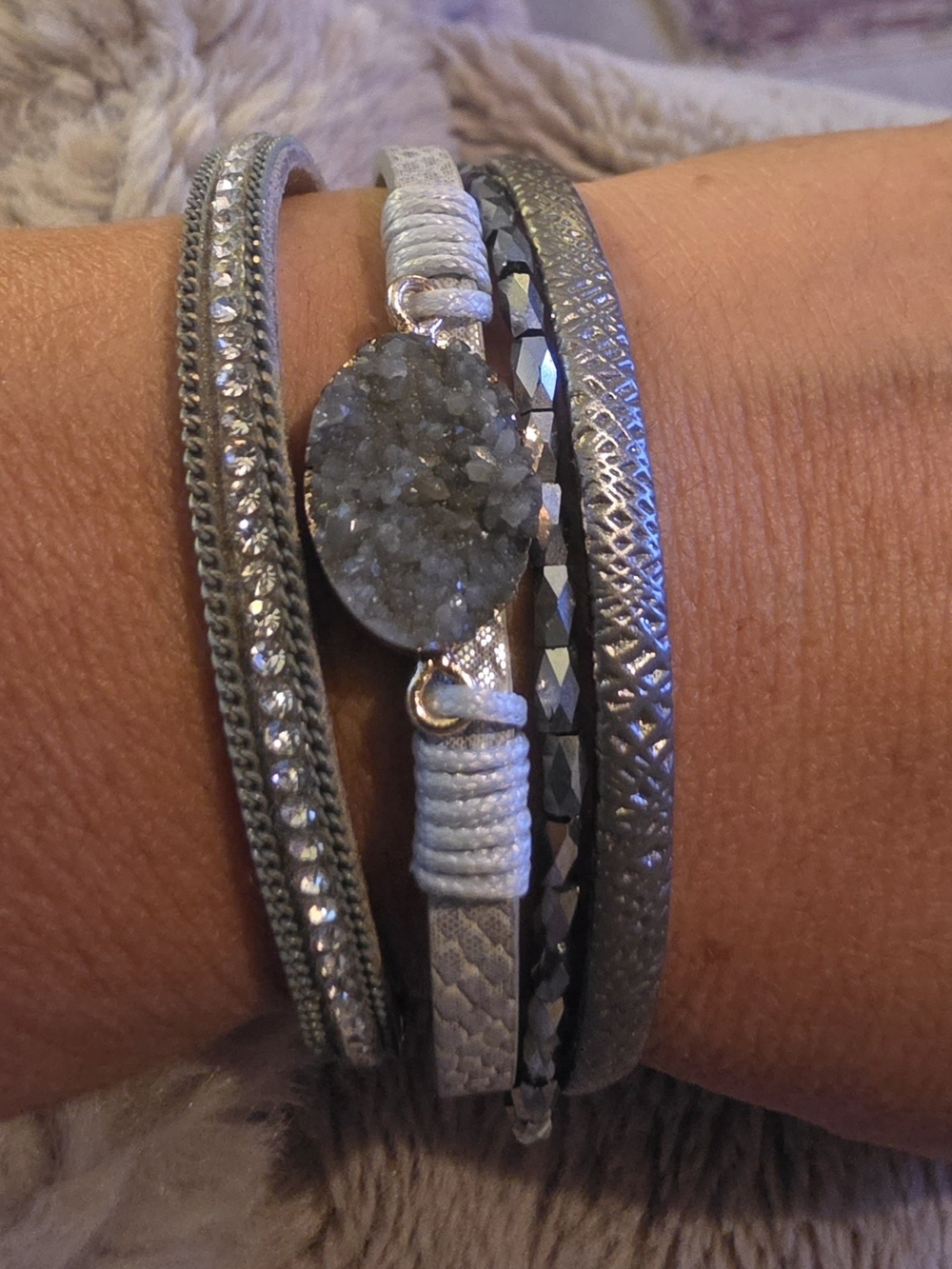 Hobo Style Silver Gray Druzy Multi-Strand Wrap Bracelet